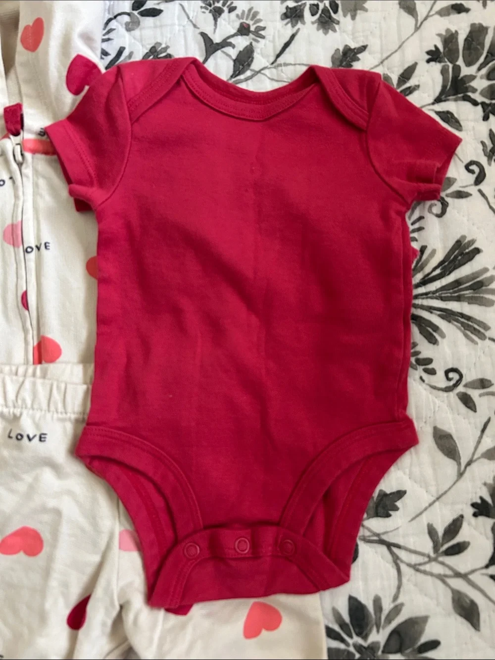 Carter's Cream Heart Print Hoodie & Pants with Red Onesie
